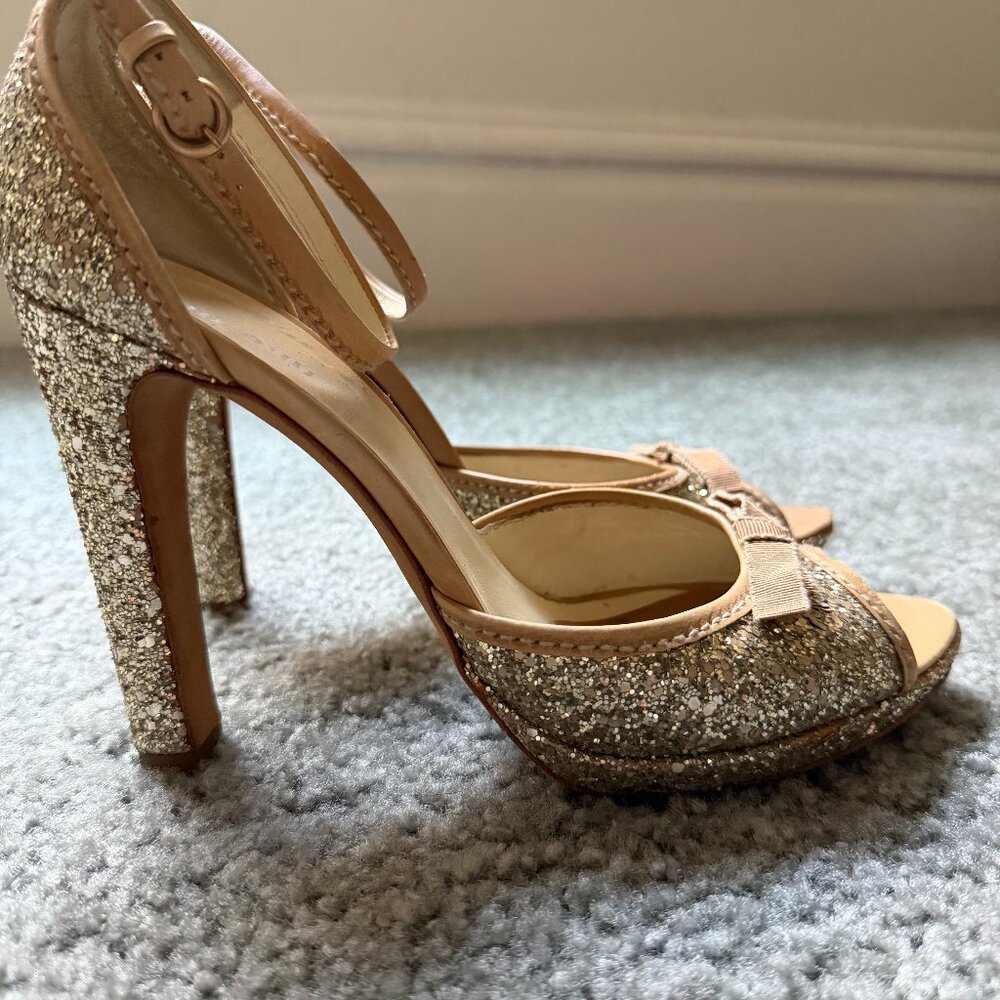 Miu Miu Gold Glitter Strappy Open Toe Heels